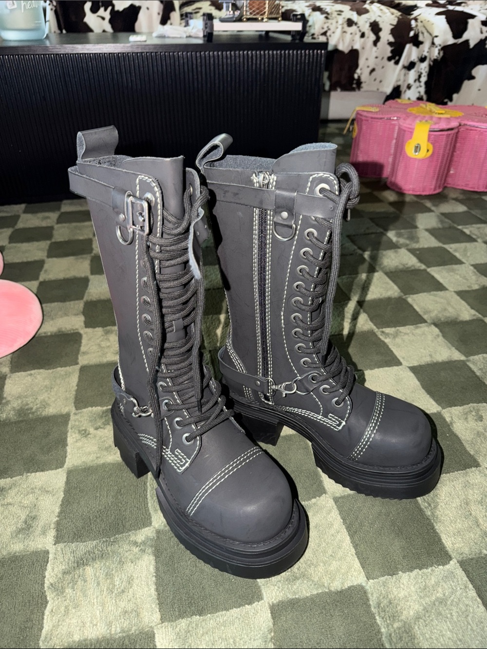 Women's Gray Lace-Up Platform Moto Boots with Contrast Stitching